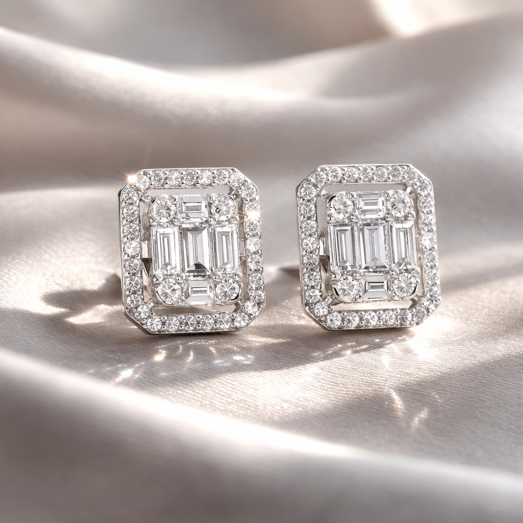 Baguette Round Cut Natural Diamond Gold Stud Earrings