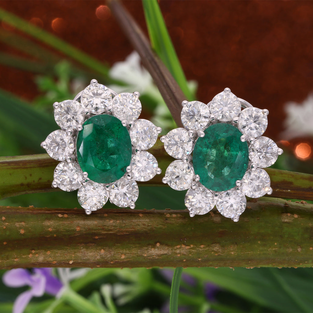 10.16 Tcw Zambian Oval Emerald Diamond Gemstone Stud Earrings