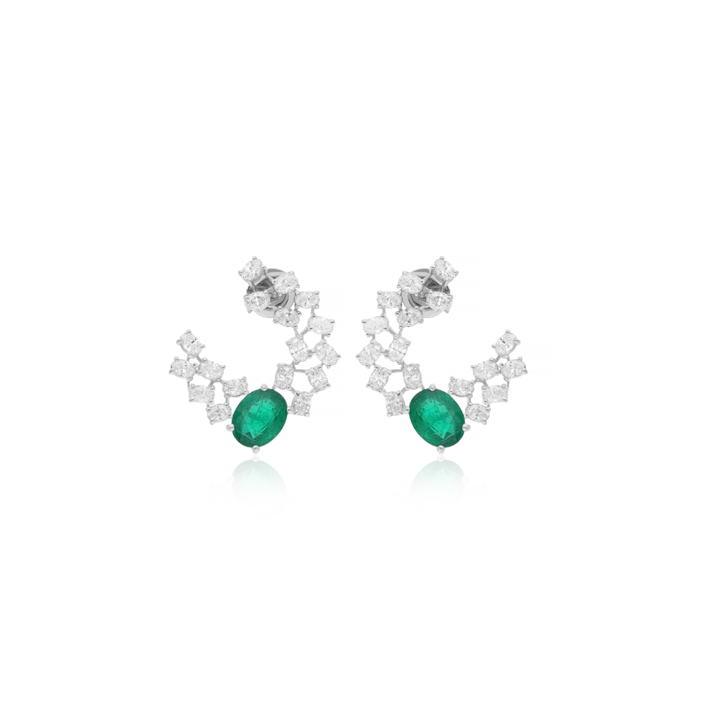 Sparkling Emerald and Diamond Curved Cluster Earrings in Fine Gold