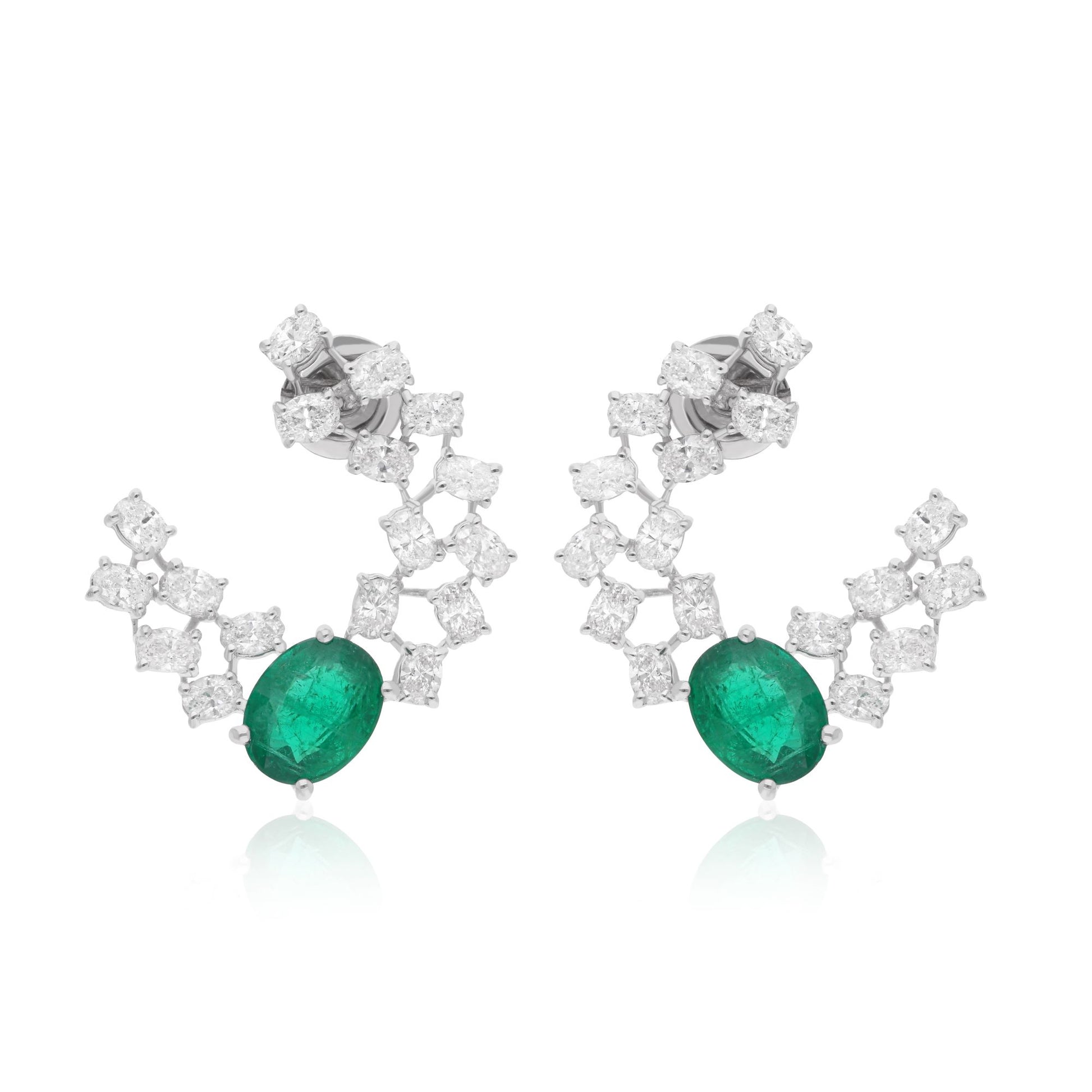 Sparkling Emerald and Diamond Curved Cluster Earrings in Fine Gold