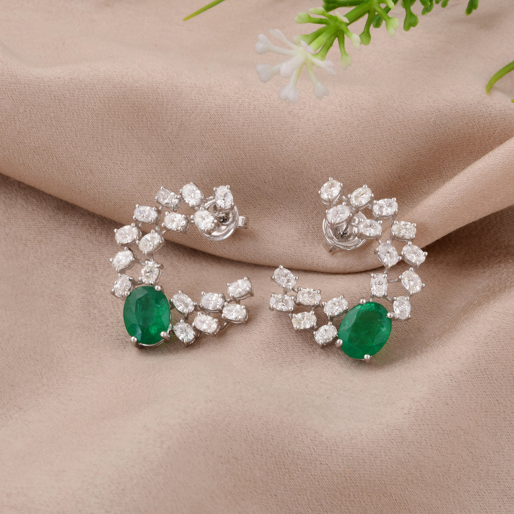 Sparkling Emerald and Diamond Curved Cluster Earrings in Fine Gold