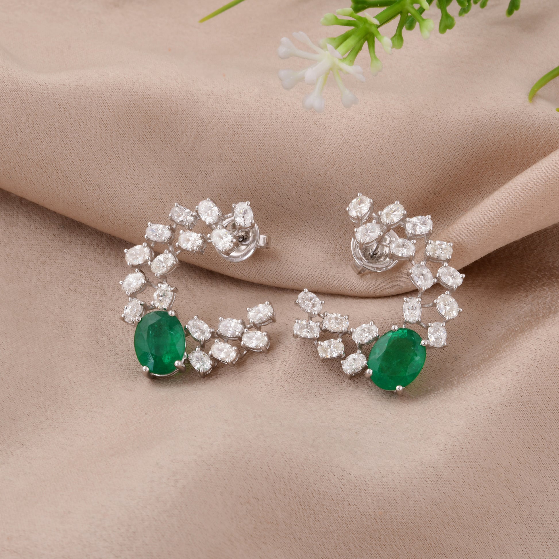 Sparkling Emerald and Diamond Curved Cluster Earrings in Fine Gold