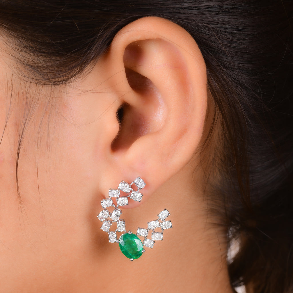 Sparkling Emerald and Diamond Curved Cluster Earrings in Fine Gold