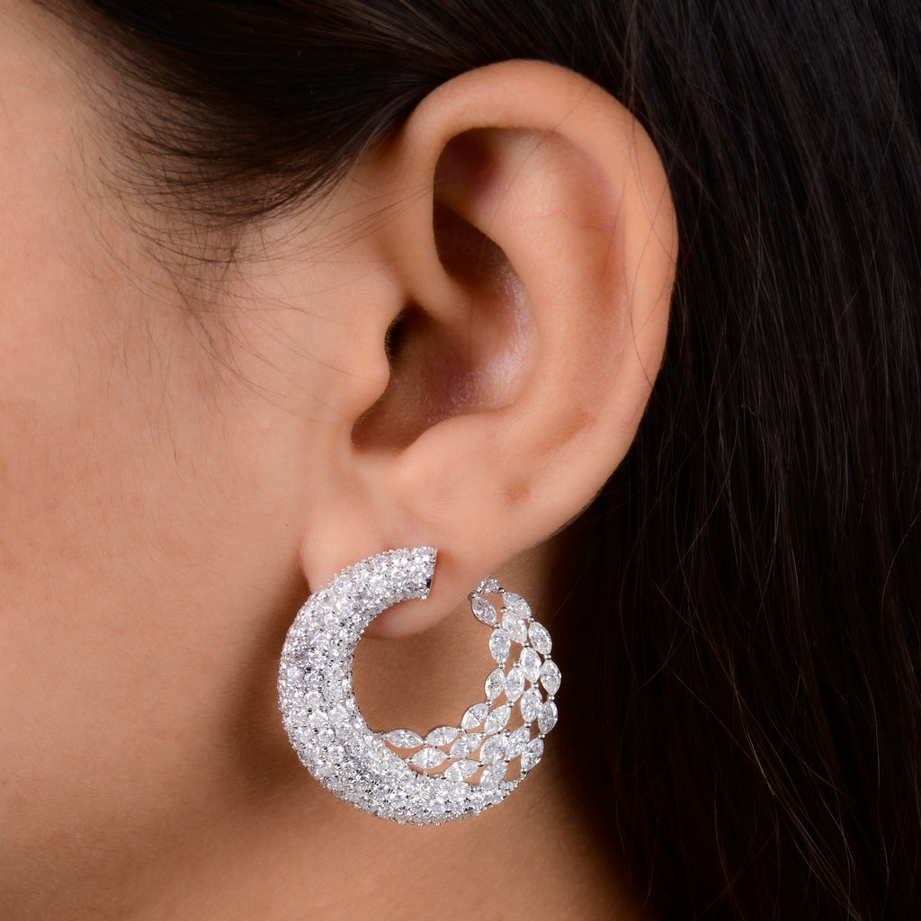 Designer SI/HI Marquise Round 8.76 Carat Diamond Gold Crescent Hoop Earrings