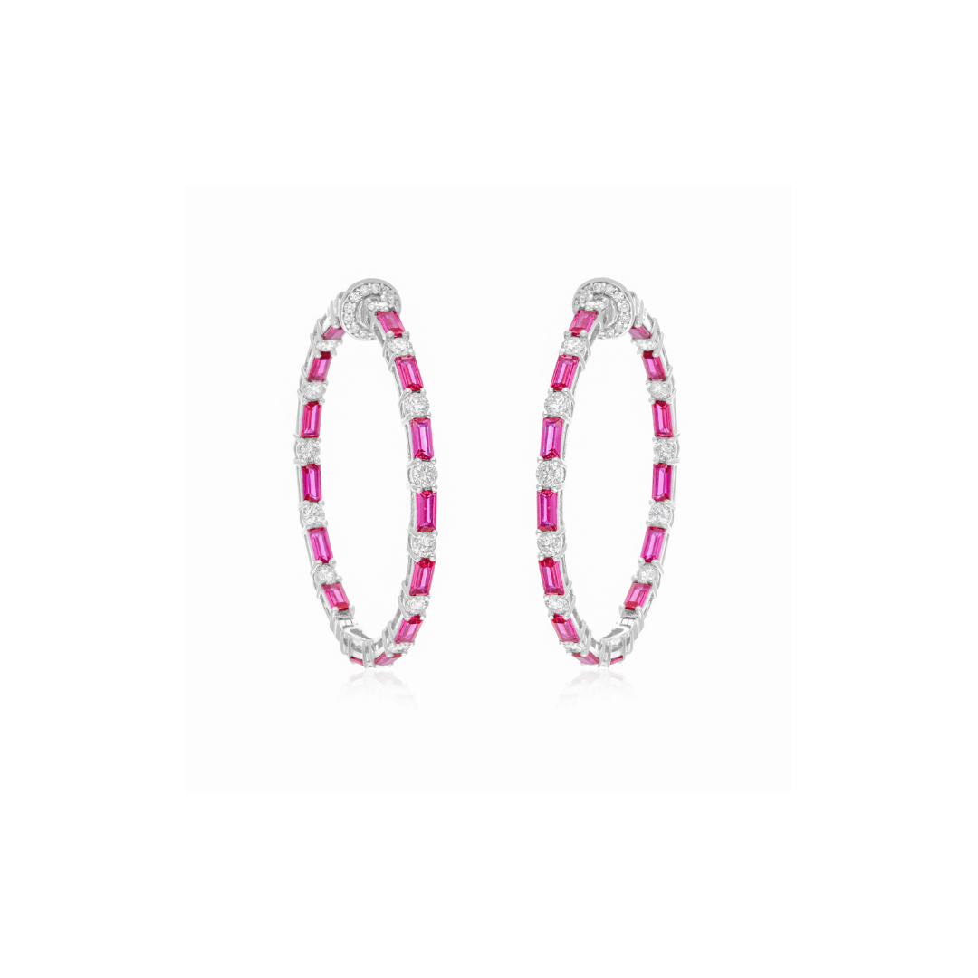 Pink Sapphire Gemstone Hoop Earrings SI/H Diamond Gold Handmade Jewelry