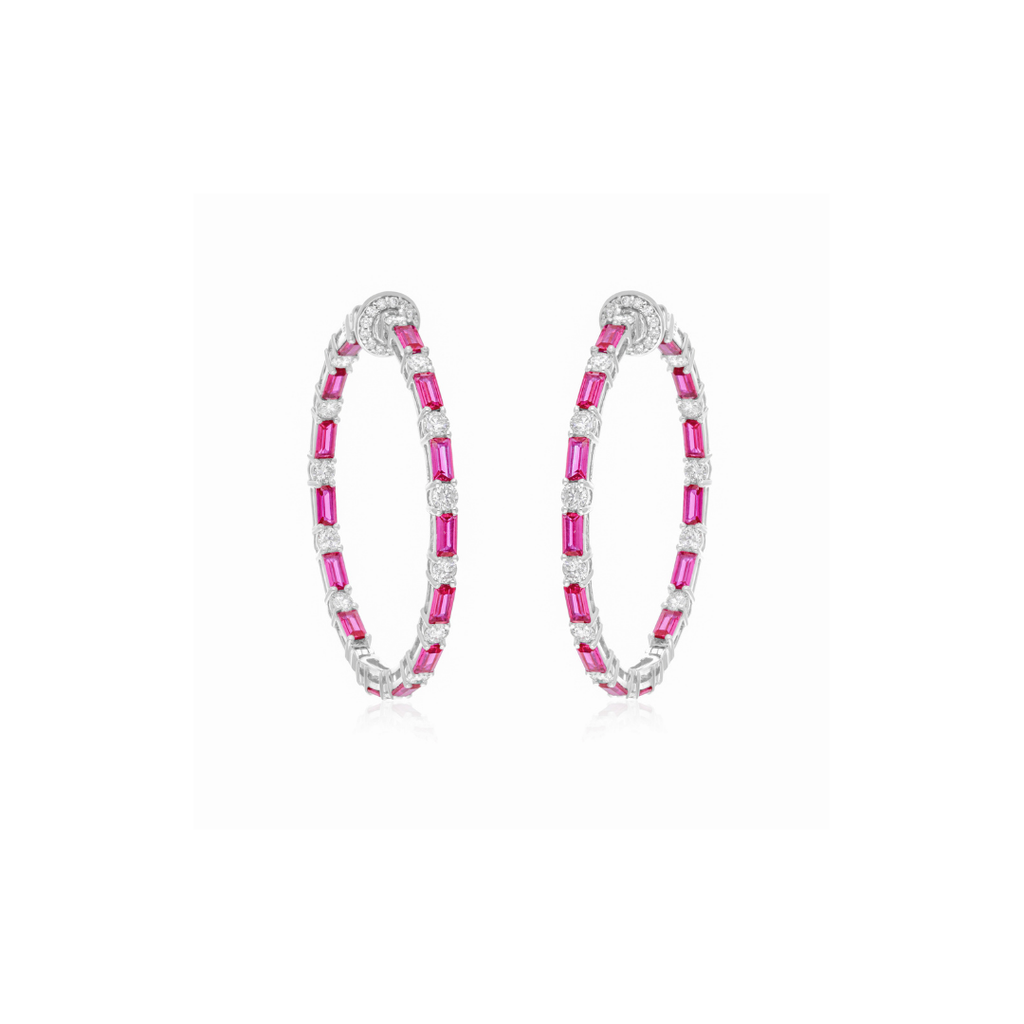 Pink Sapphire Gemstone Hoop Earrings SI/H Diamond Gold Handmade Jewelry