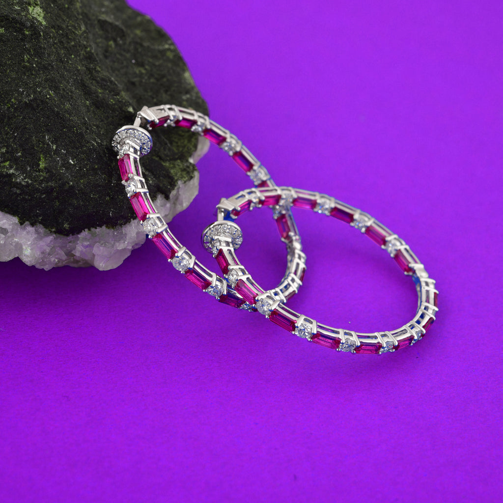 Pink Sapphire Gemstone Hoop Earrings SI/H Diamond Gold Handmade Jewelry