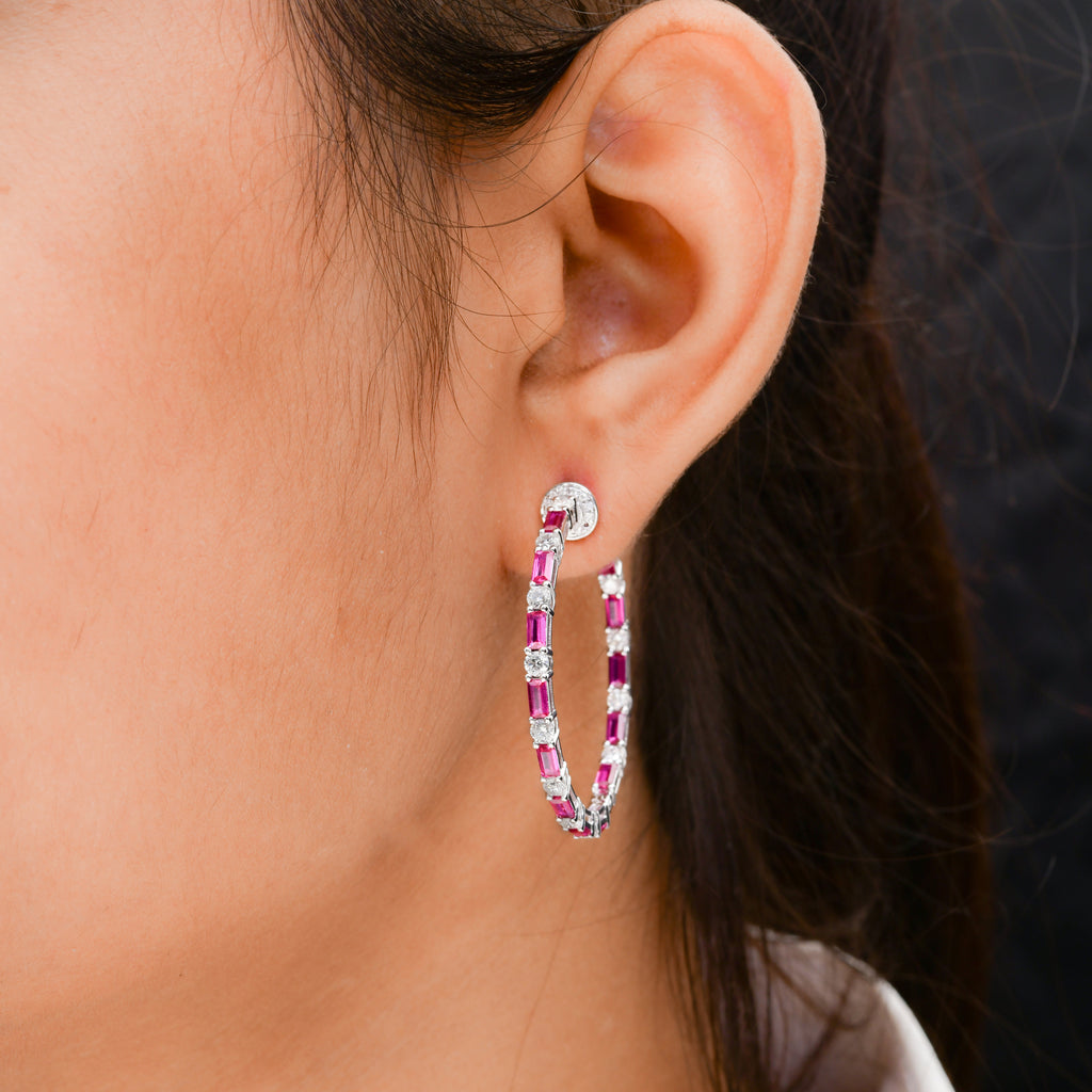 Pink Sapphire Gemstone Hoop Earrings SI/H Diamond Gold Handmade Jewelry