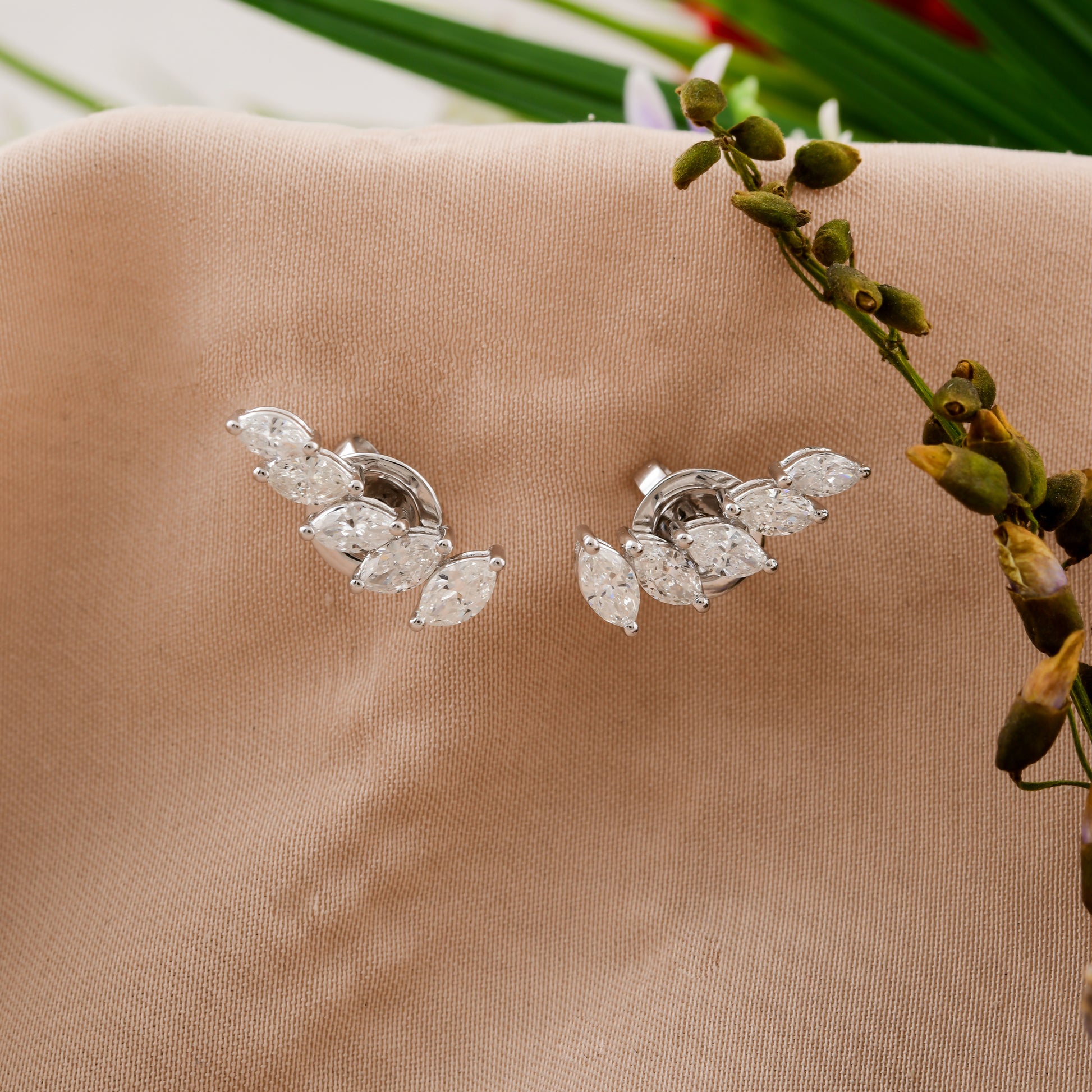 0.95 Ct SI/H Marquise Cut Diamond Ear Climber Stud Earrings