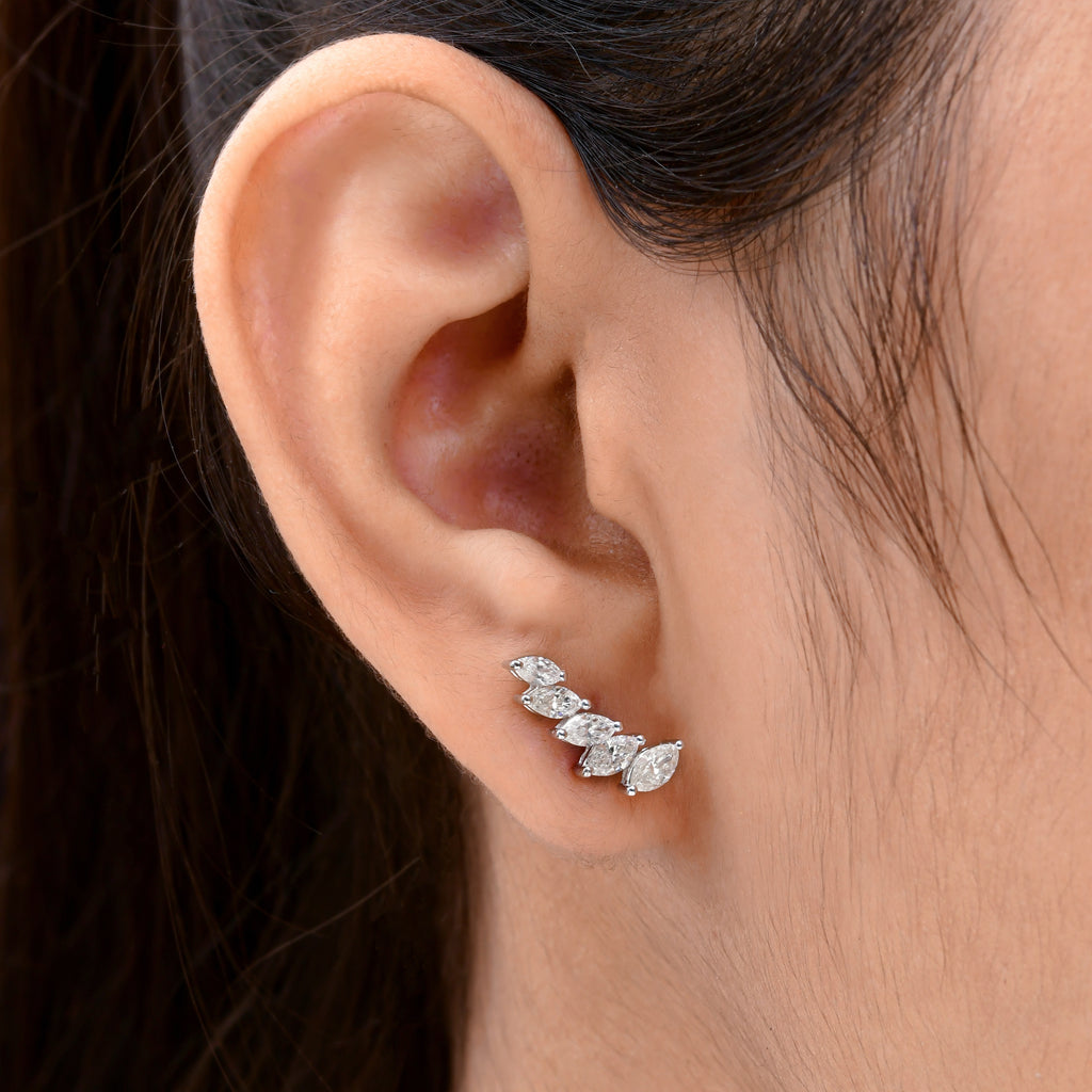 0.95 Ct SI/H Marquise Cut Diamond Ear Climber Stud Earrings