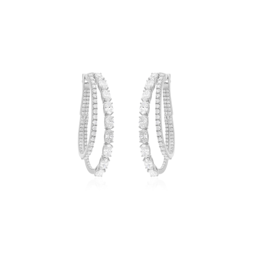 Double Row Oval Pave Diamond Hoop Gold Earrings
