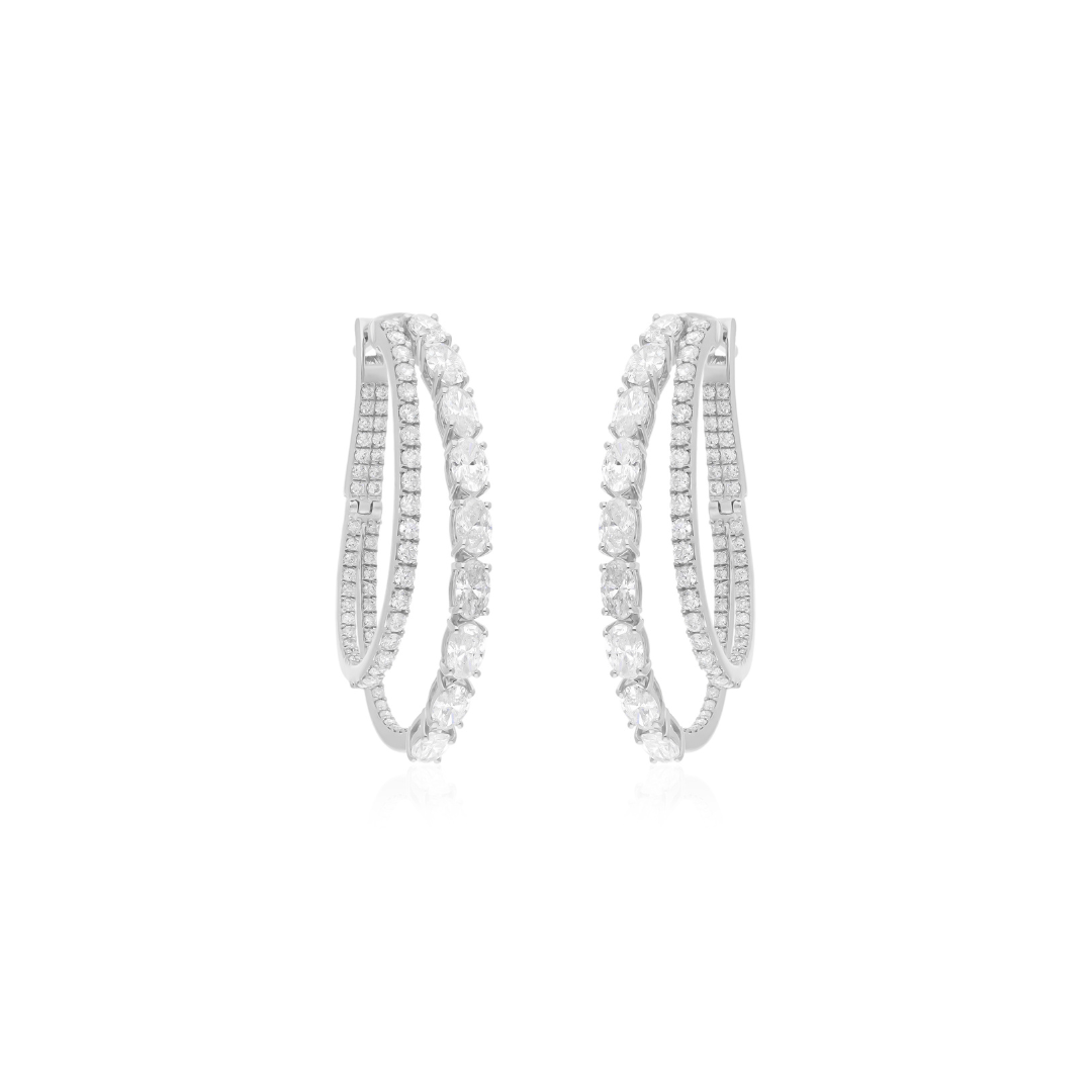 Double Row Oval Pave Diamond Hoop Gold Earrings