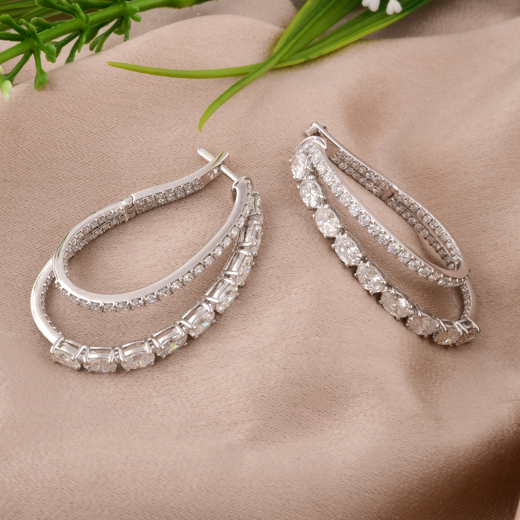 Double Row Oval Pave Diamond Hoop Gold Earrings