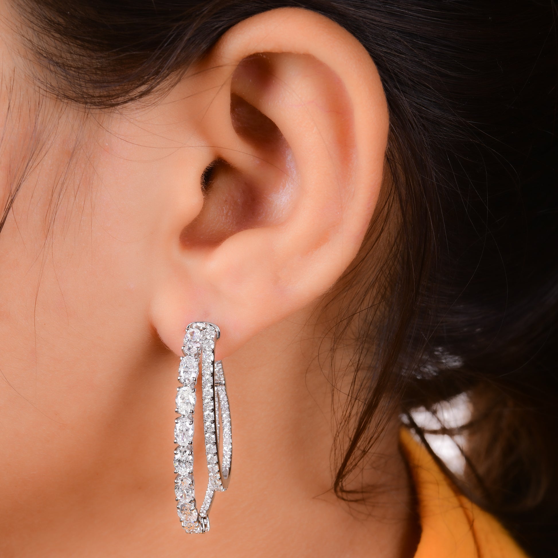 Double Row Oval Pave Diamond Hoop Gold Earrings