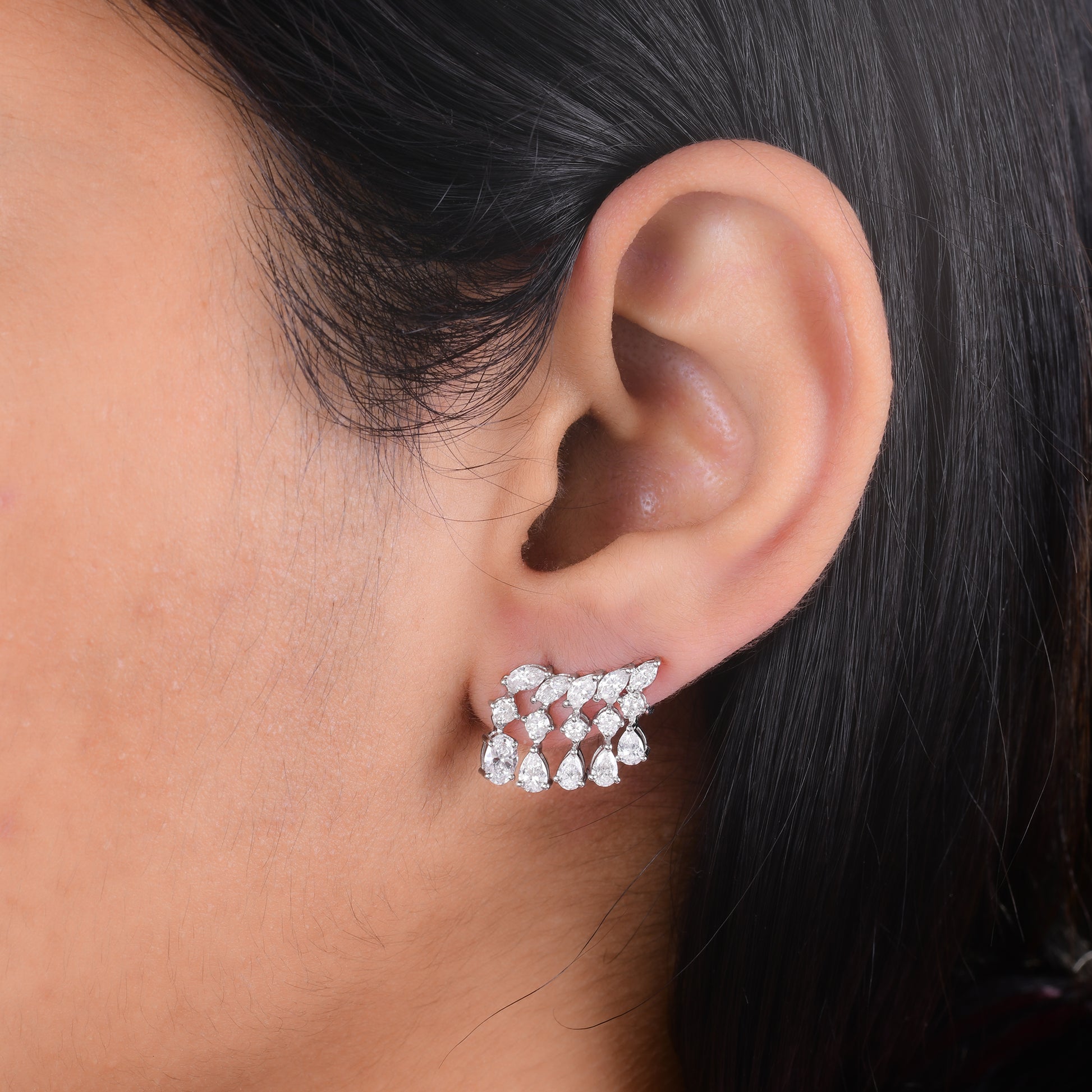 Handcrafted Pear Round Diamond 2.57 Carat Geometric Cluster Stud Earrings