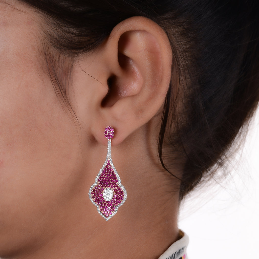 Pave SI Clarity HI Color Diamond Ruby Gemstone Leaf Dangle Gold Earrings