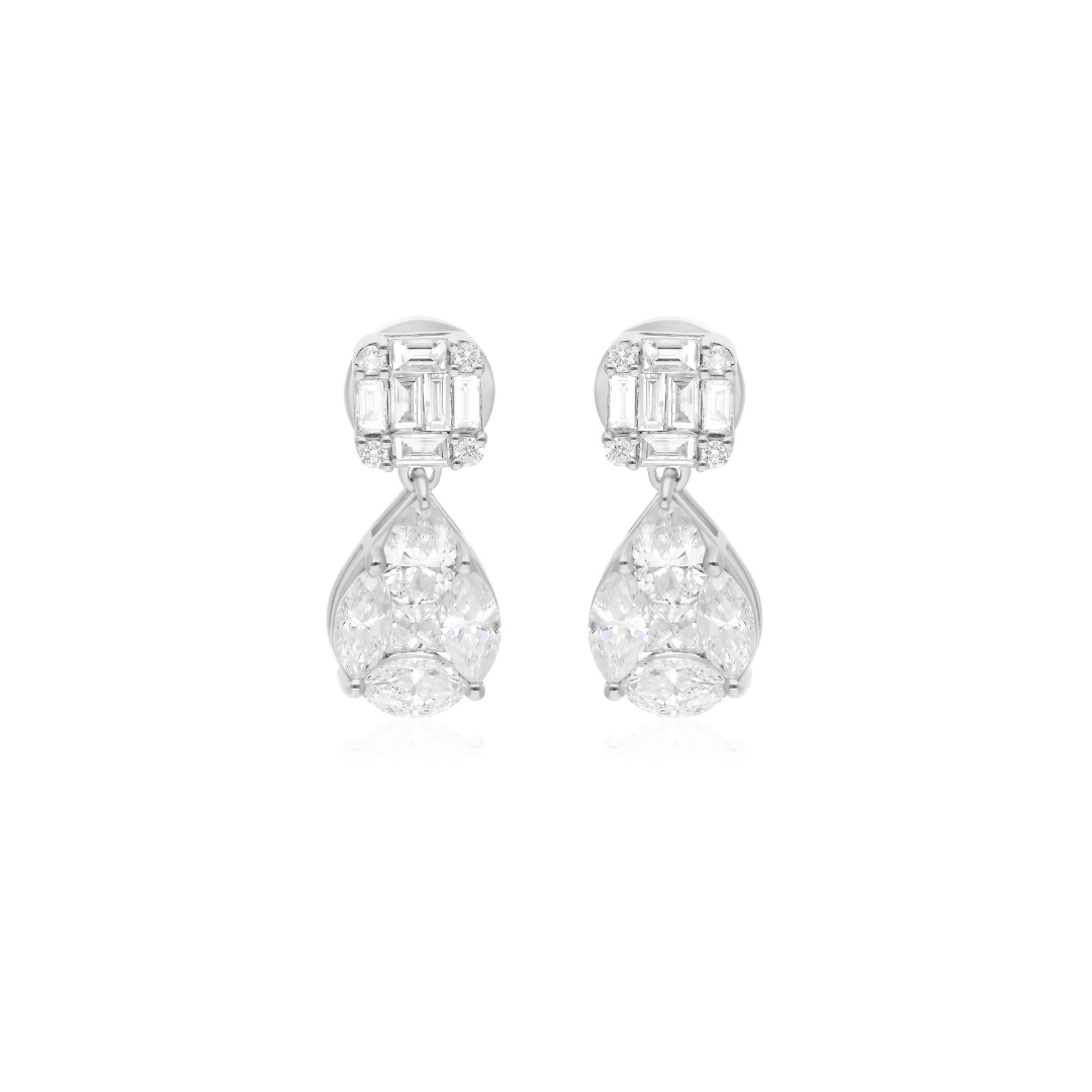 2.37 Carat Natural SI/HI Baguette Diamond Solid Gold Dangle Earrings
