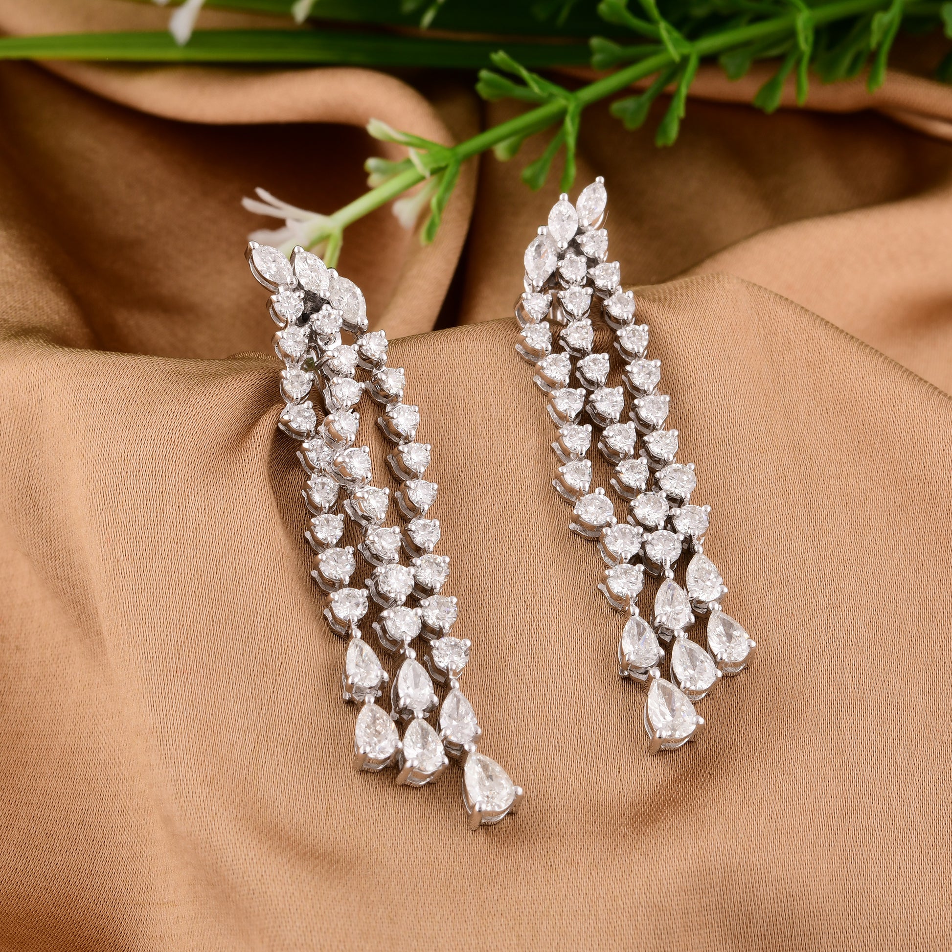 3.82 Carat Mixed Shape Natural Diamond Chandelier Dangle Drop Gold Earrings