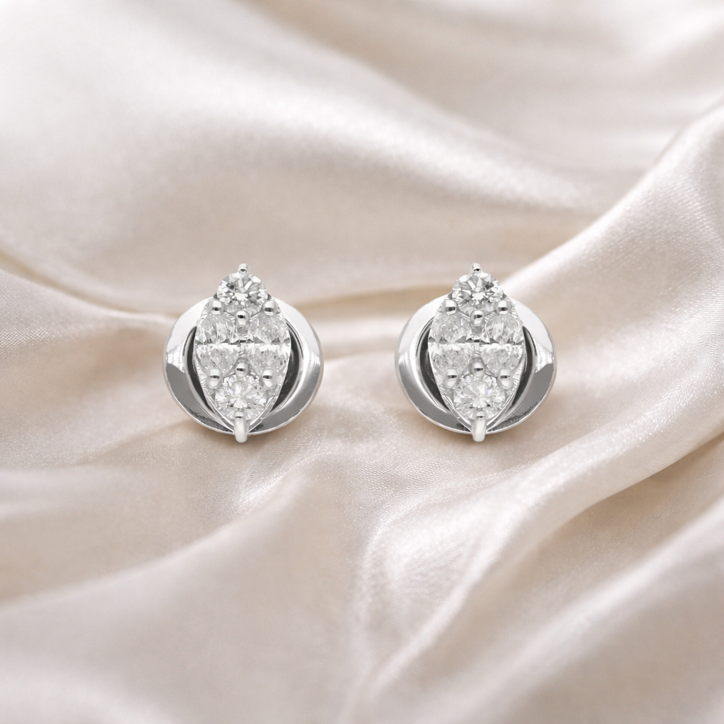 Dainty Marquise Round Cut Cluster Diamond Stud Earrings