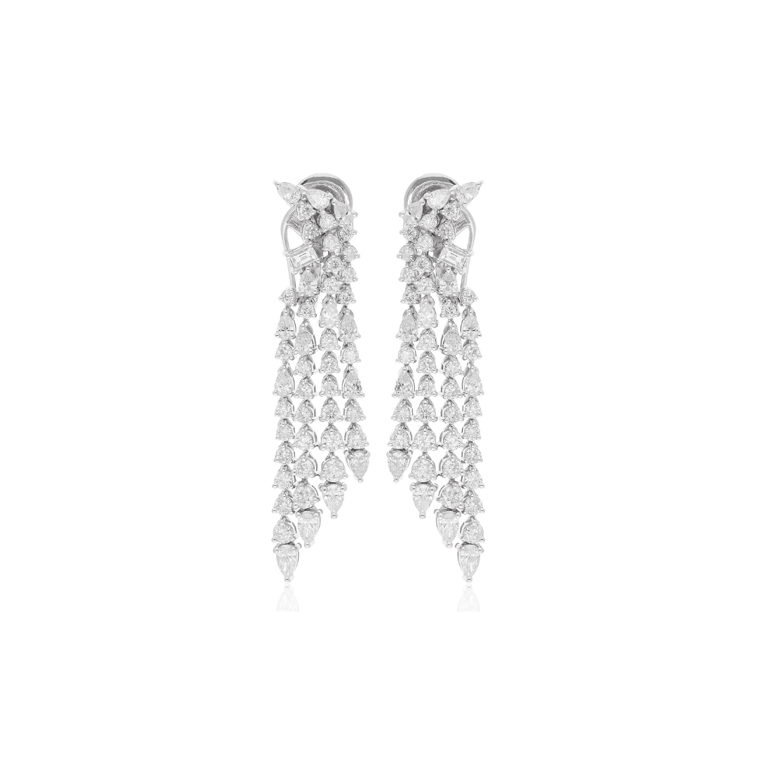 Handcrafted Fine Gold Multi Row Mixed Cut 4.61Ct Diamond Statement Chandelier Clip-On Earrings