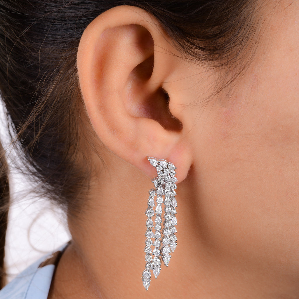 Handcrafted Fine Gold Multi Row Mixed Cut 4.61Ct Diamond Statement Chandelier Clip-On Earrings