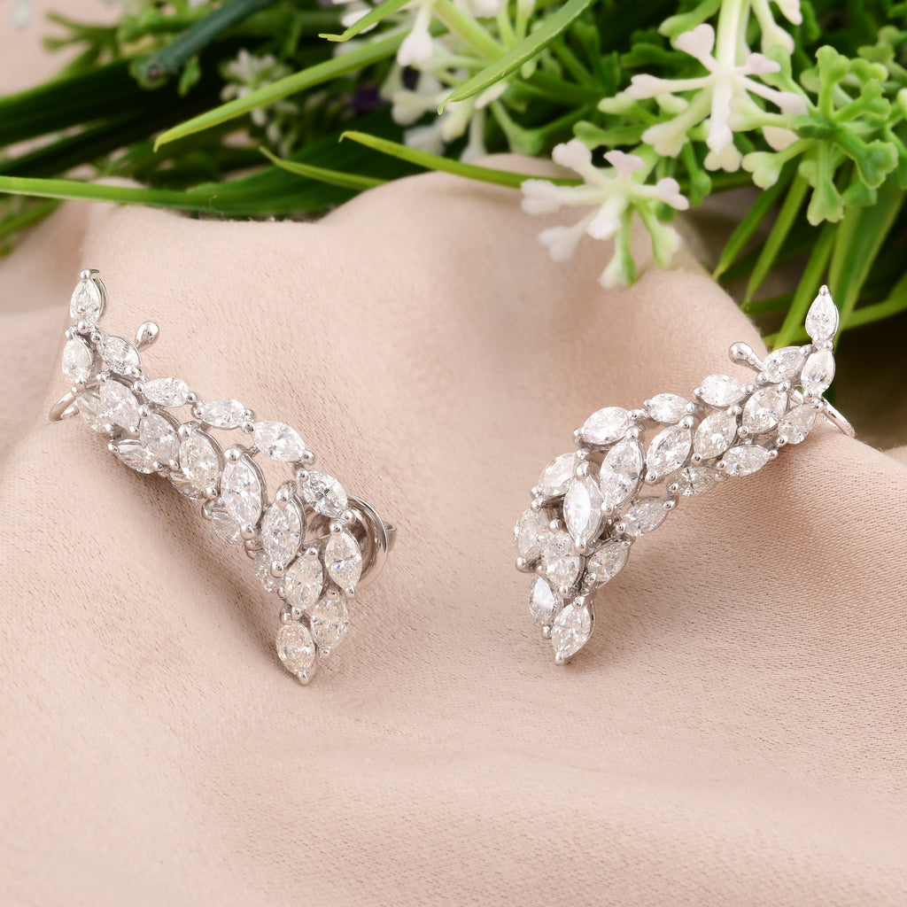 Vine Style Marquise Cut 2.91Ct. Natural Diamond Ear Climber Earrings