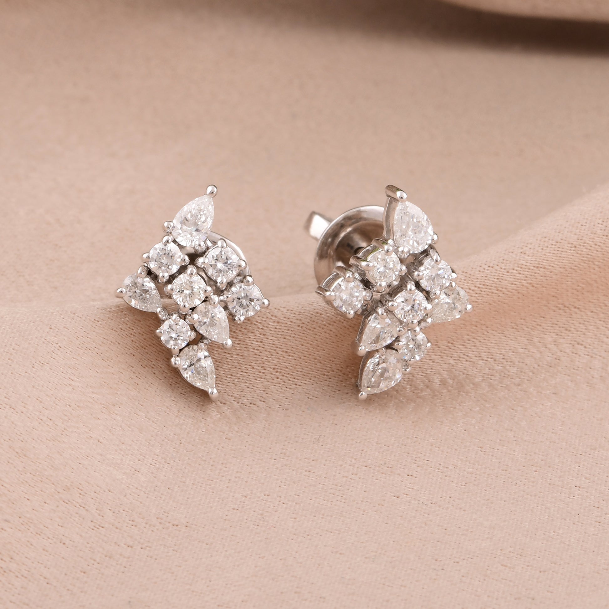 Timeless Pear & Round Cut Cluster SI Clarity HI Color Diamond Stud Earrings