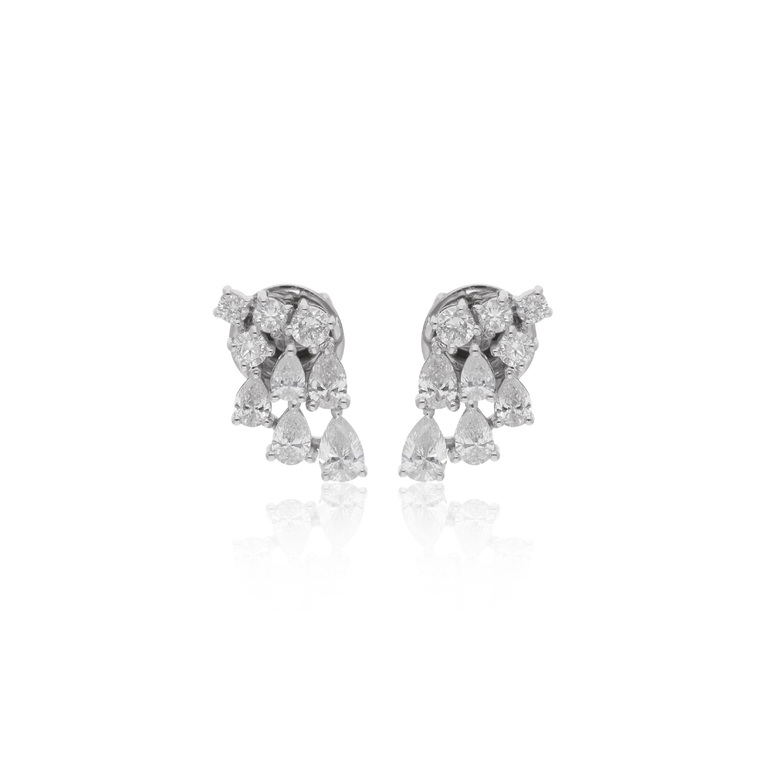 Dazzling 1.11Ct Round & Pear Shaped Cluster Diamond Drop Stud Earrings