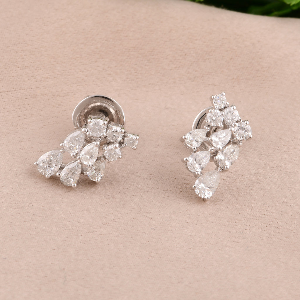 Dazzling 1.11Ct Round & Pear Shaped Cluster Diamond Drop Stud Earrings