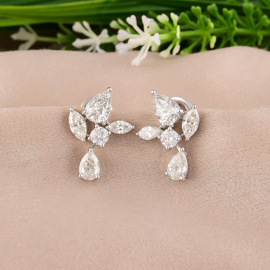 3.45 Ct SI/HI Multi Shape Natural Diamond Cluster Dangle Gold Earrings