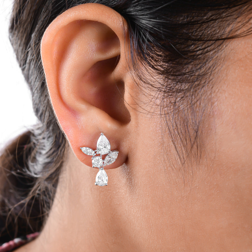 3.45 Ct SI/HI Multi Shape Natural Diamond Cluster Dangle Gold Earrings