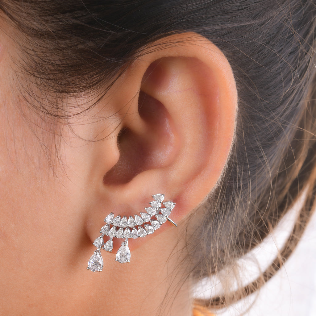 2.87Carat Pear Cut Natural Diamond Statement Climber Earrings in Fine Gold Jewelry