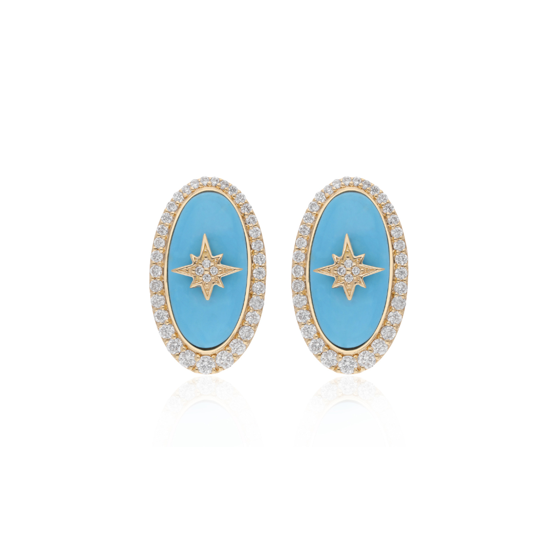 Statement 8.65Tcw Diamond Oval Cut Blue Turquoise Stud Earrings in Gold