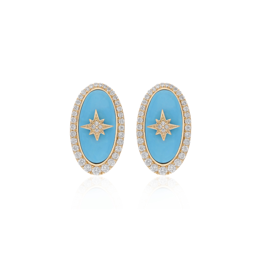 Statement 8.65Tcw Diamond Oval Cut Blue Turquoise Stud Earrings in Gold