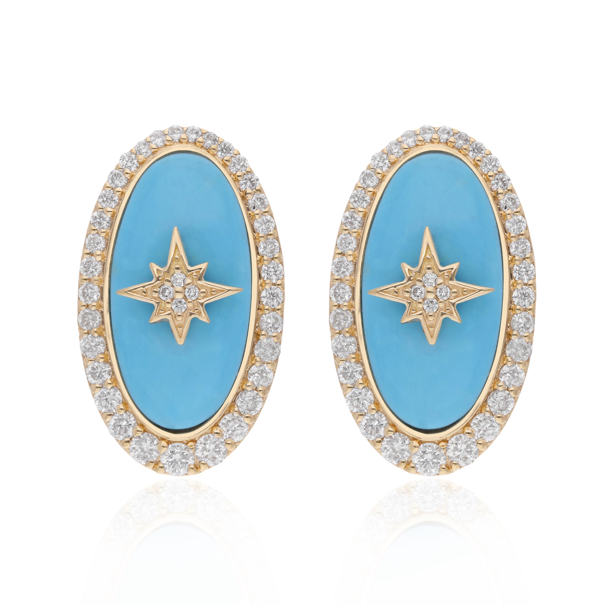 Statement 8.65Tcw Diamond Oval Cut Blue Turquoise Stud Earrings in Gold