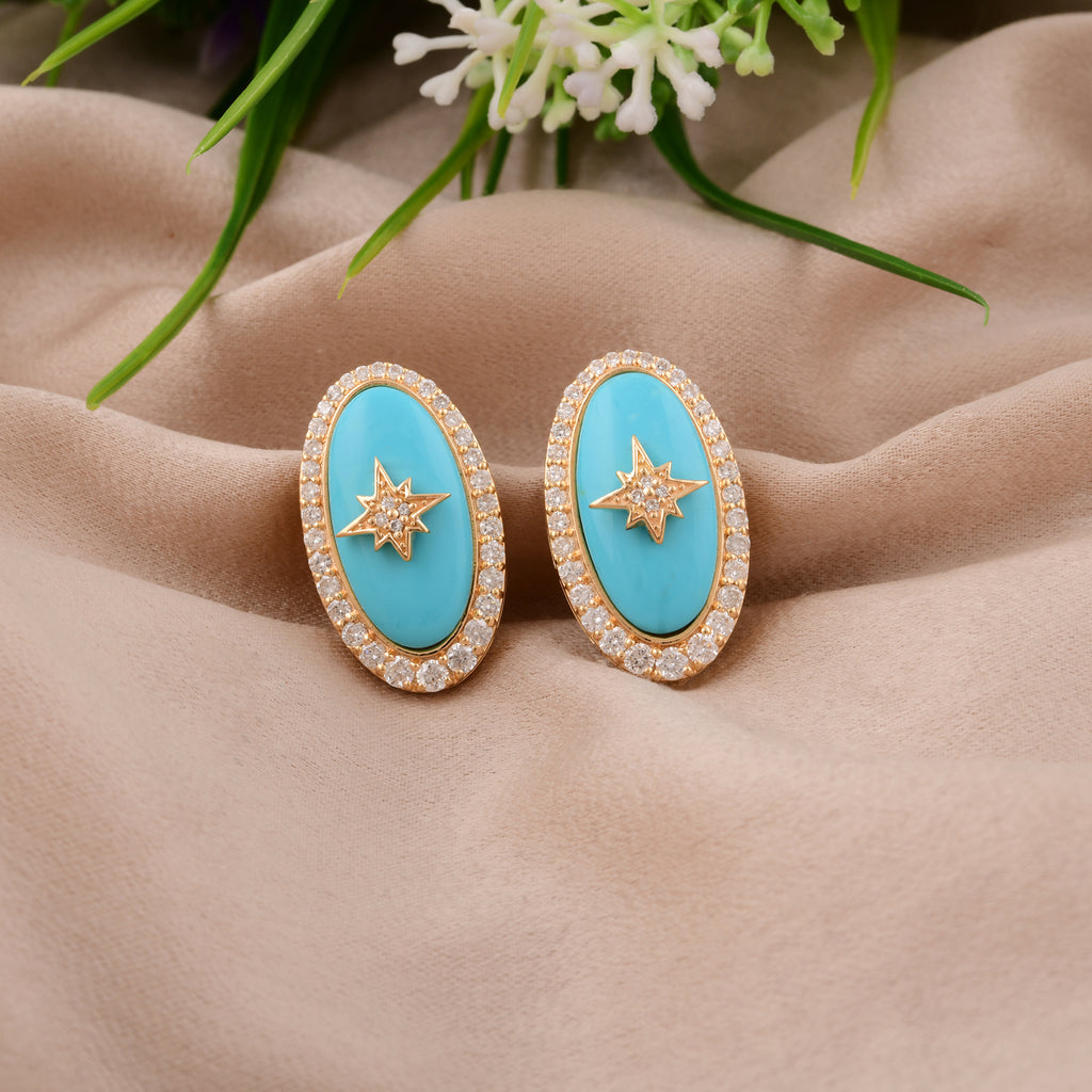 Statement 8.65Tcw Diamond Oval Cut Blue Turquoise Stud Earrings in Gold