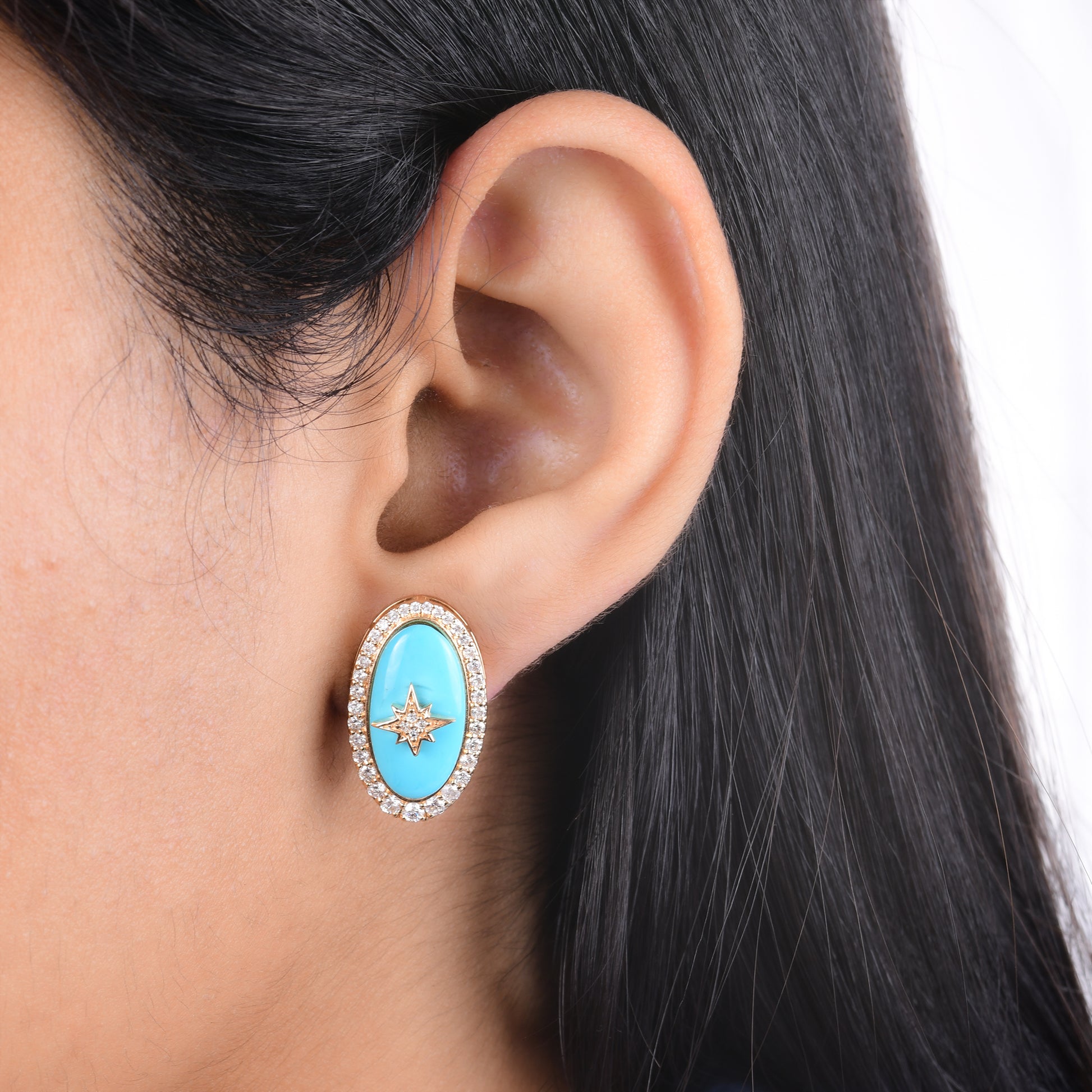 Statement 8.65Tcw Diamond Oval Cut Blue Turquoise Stud Earrings in Gold