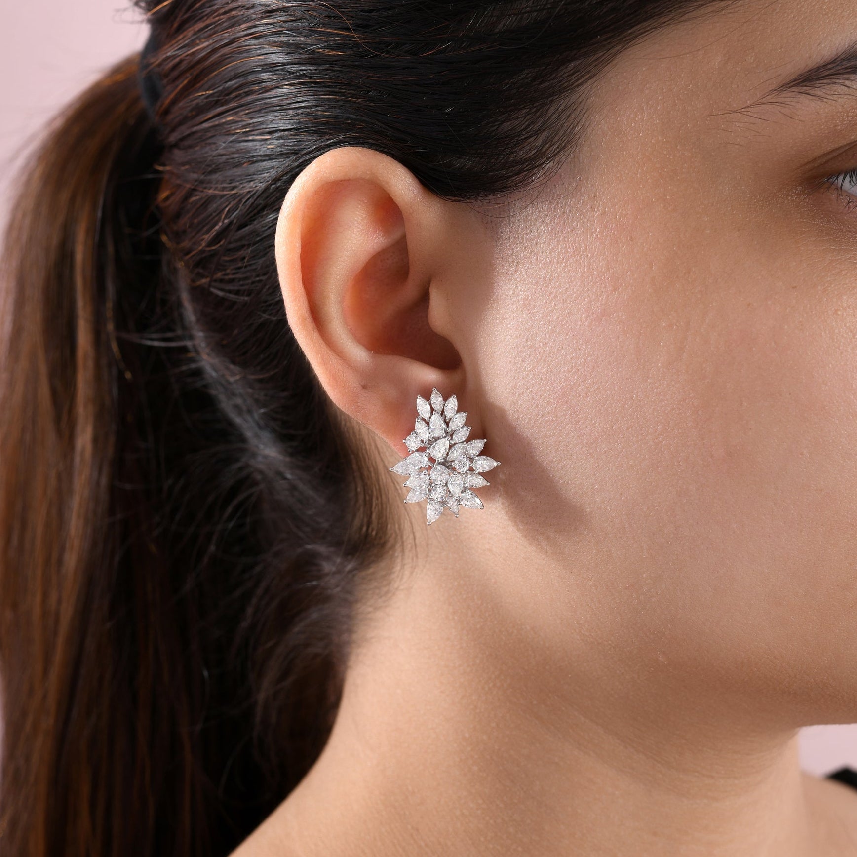 Floral Starburst Design Natural Diamond Cluster Stud Earrings in Fine Gold