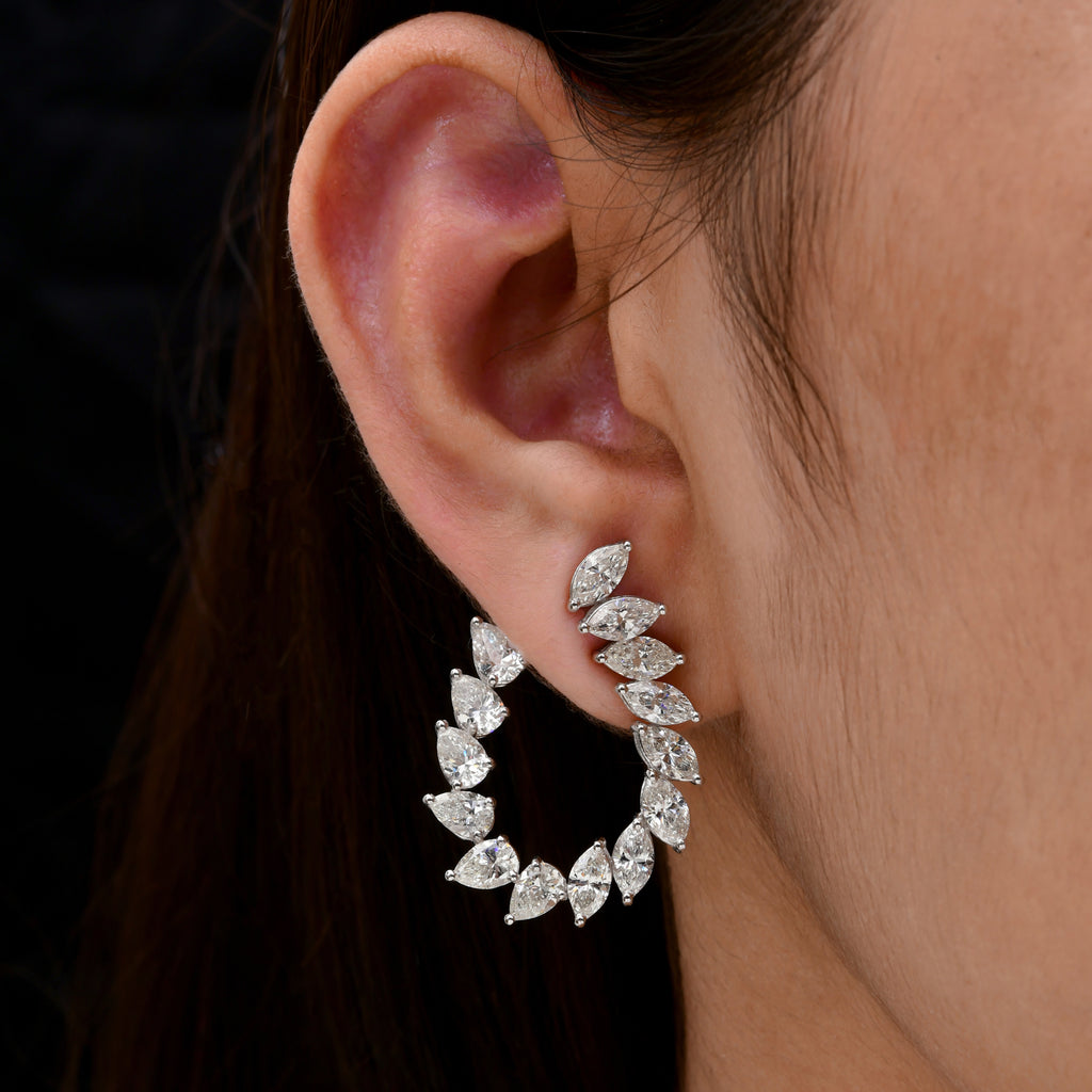 8.72Ct Marquise & Pear Cut Natural Diamond Open Clip-On Hoop Earrings in Fine Gold