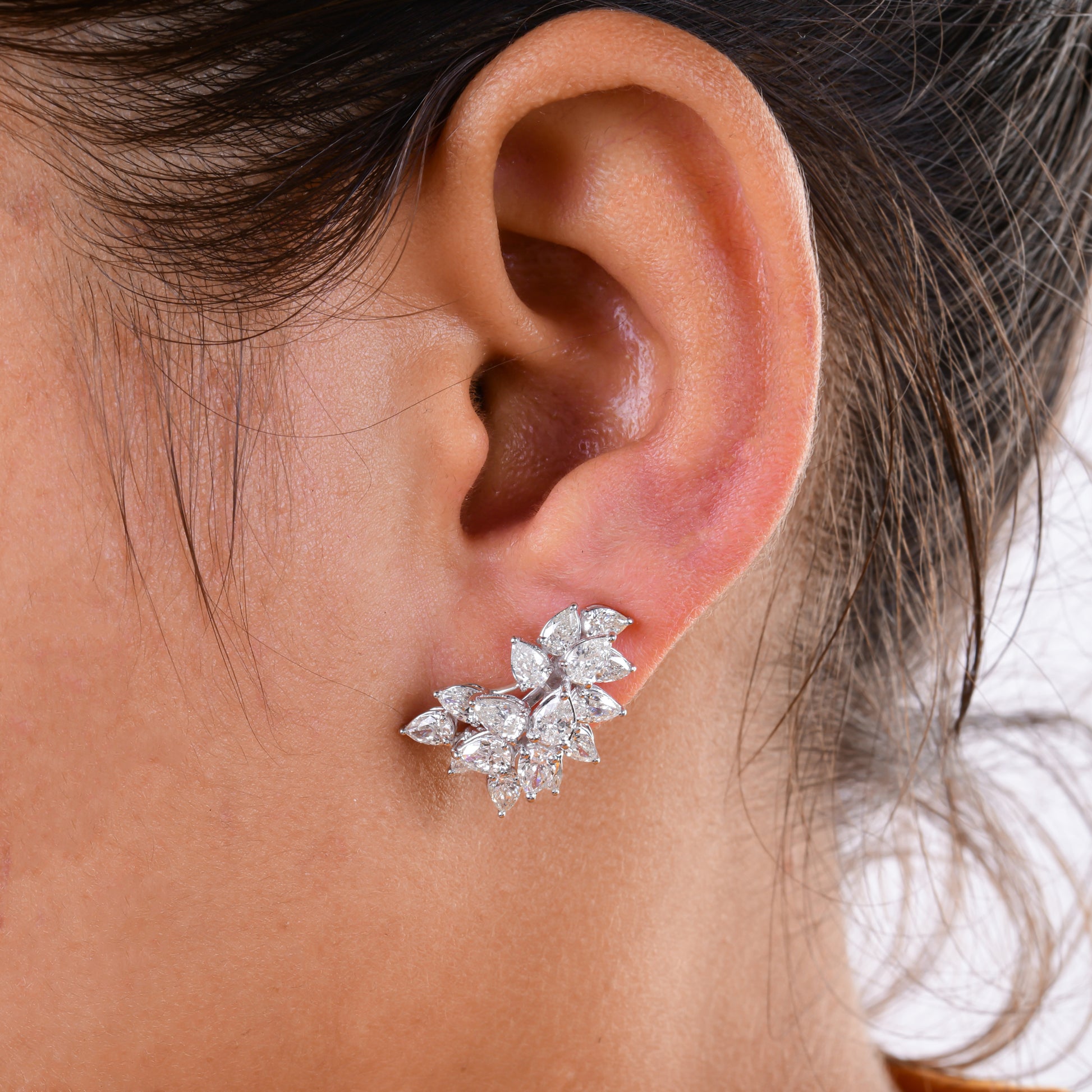 5.27 Ct Natural SI/H Pear Cut Diamond Cluster Gold Stud Earrings