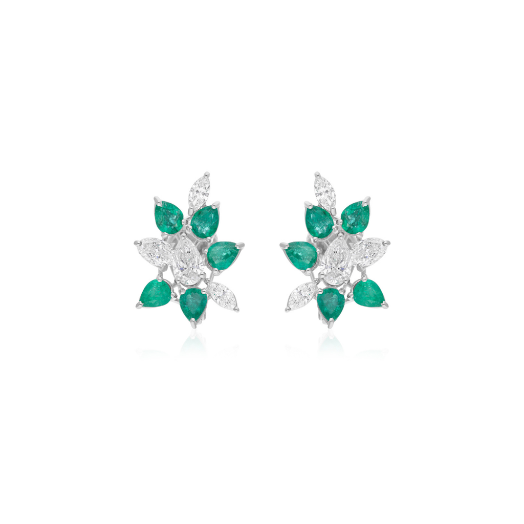 5.16Tcw Pear Cut Zambian Emerald Diamond Cluster Stud Earrings In Solid Gold
