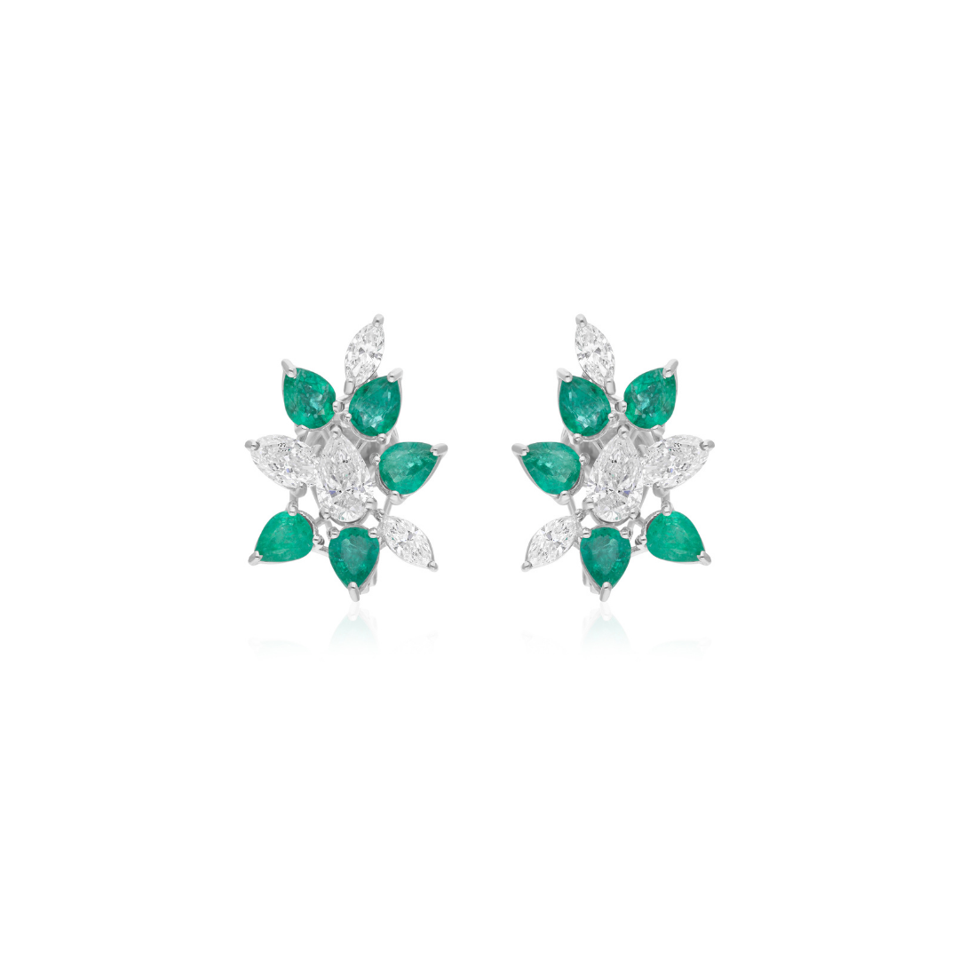 5.16Tcw Pear Cut Zambian Emerald Diamond Cluster Stud Earrings In Solid Gold