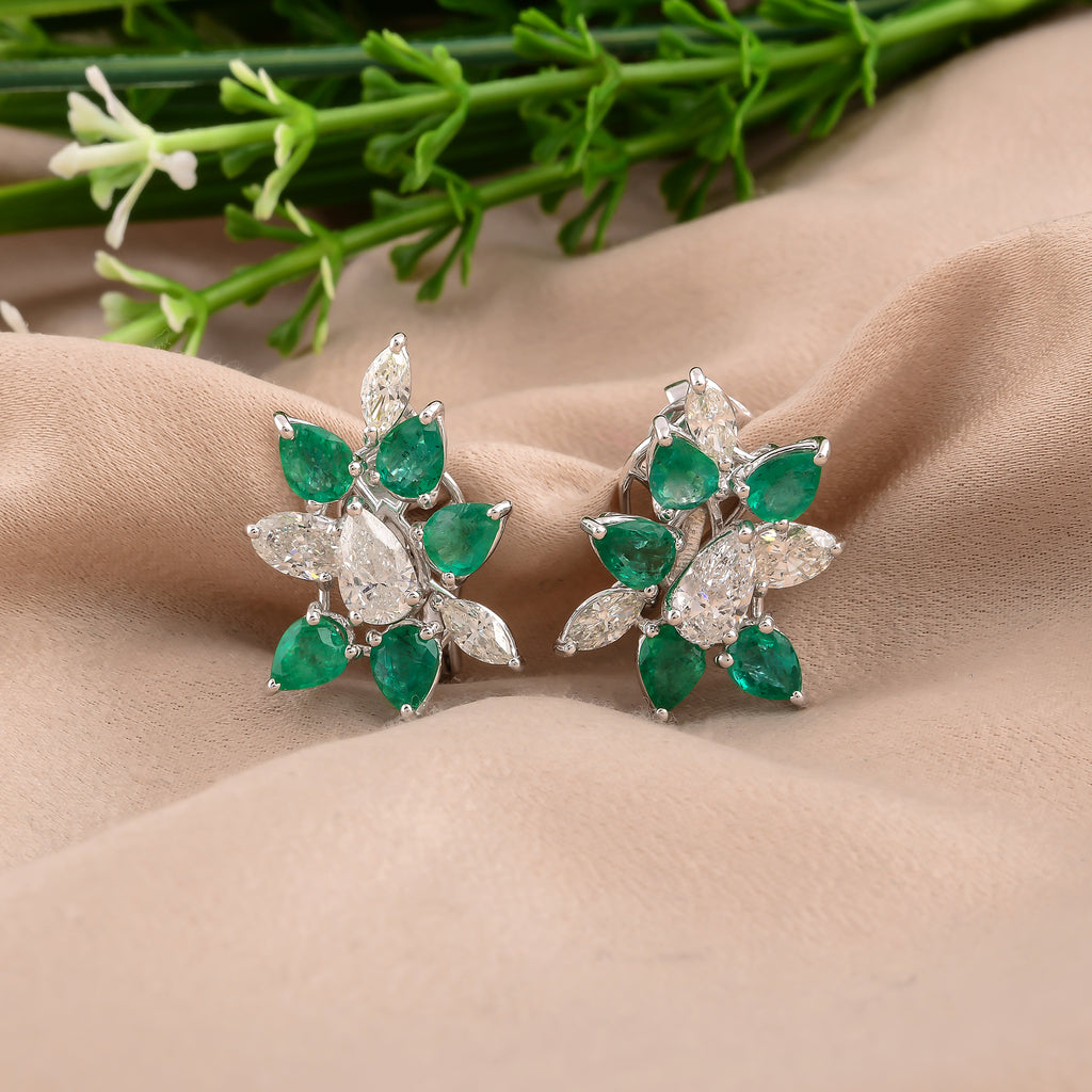 5.16Tcw Pear Cut Zambian Emerald Diamond Cluster Stud Earrings In Solid Gold