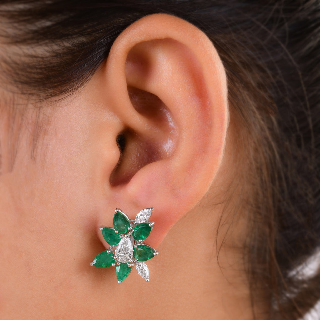 5.16Tcw Pear Cut Zambian Emerald Diamond Cluster Stud Earrings In Solid Gold