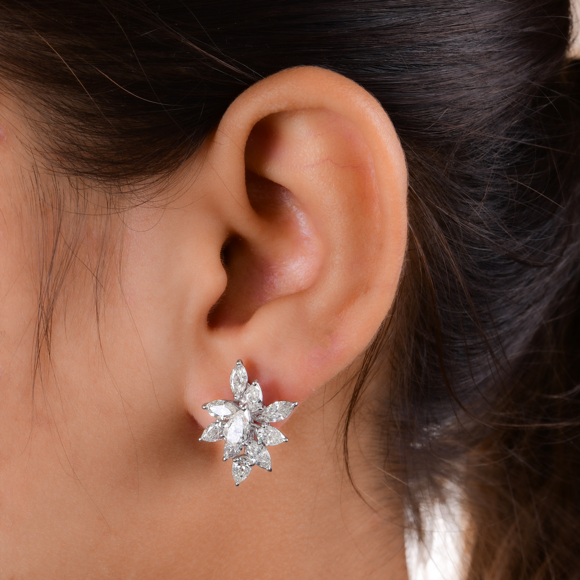 Natural Mixed Cut 4.07Ct Diamond Cluster Gold Stud Earrings