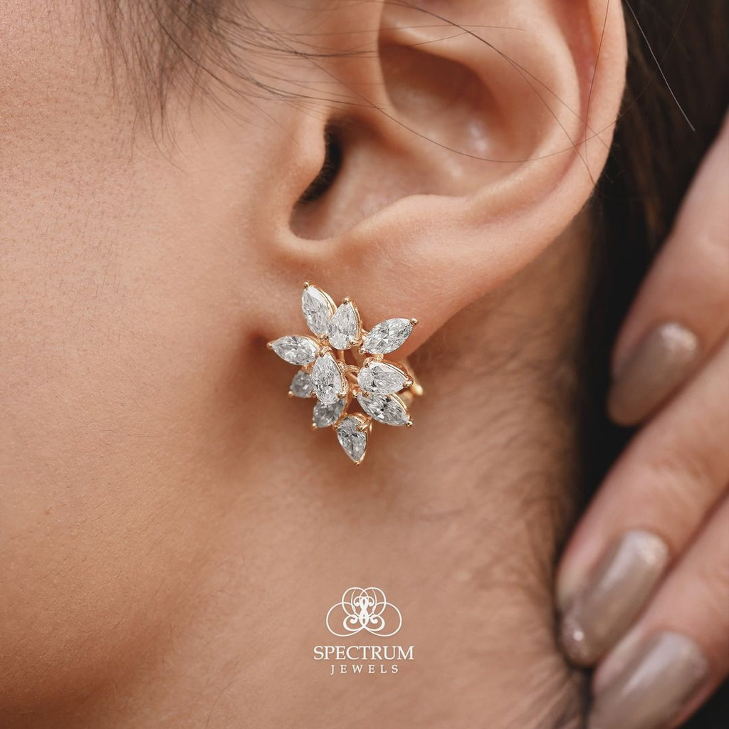 4.4 Ct. Floral Diamond Cluster Gold Earrings Wedding & Party Wear