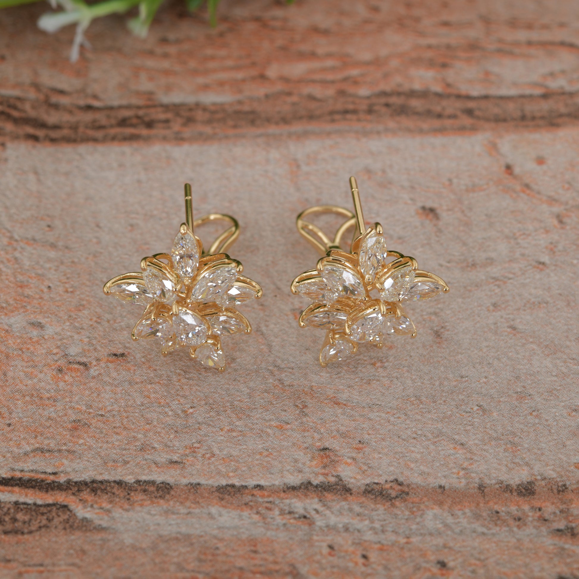 4.4 Ct. Floral Diamond Cluster Gold Earrings Wedding & Party Wear