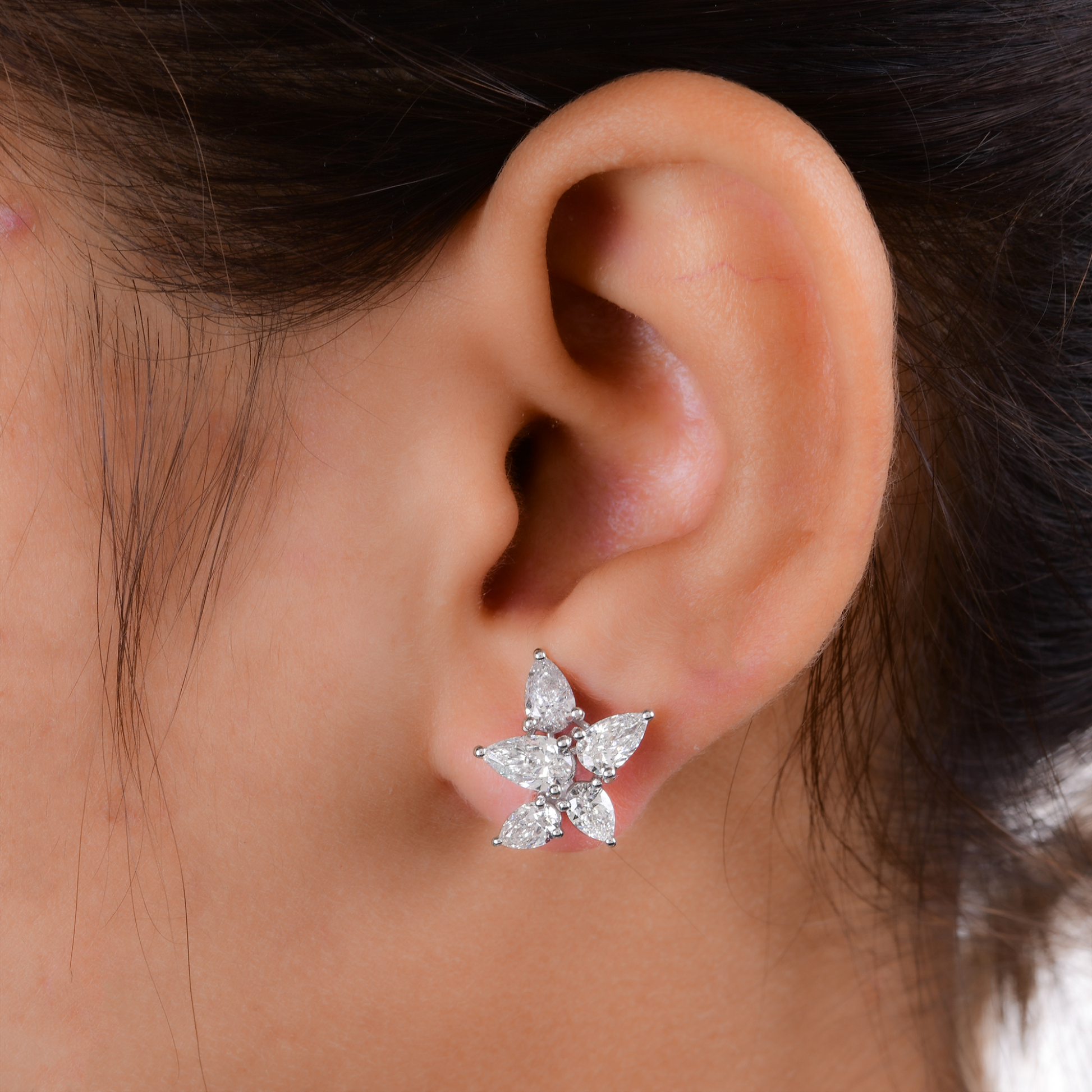 Delicate 3.21Ct Pear Cut Natural Diamond Floral Push Back Stud Earrings