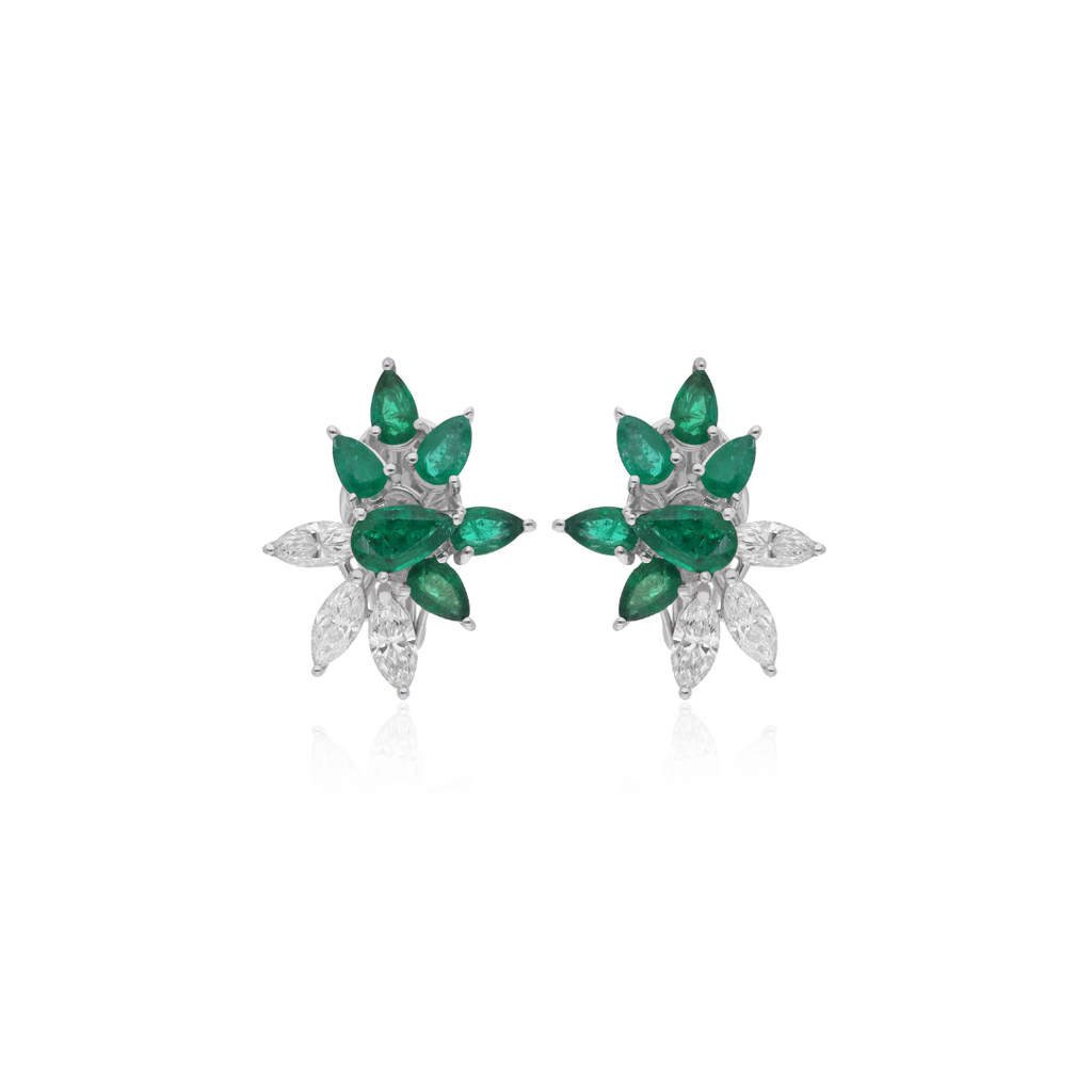 3.28Ct. Pear Cut Emerald & Marquise Diamond Clip-On Floral Solid Gold Earrings