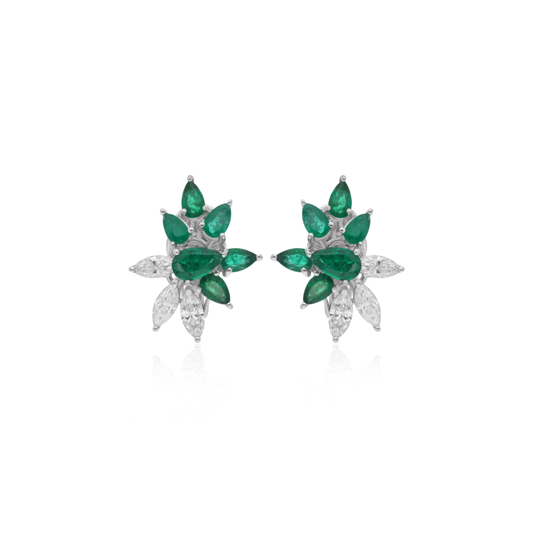 3.28Ct. Pear Cut Emerald & Marquise Diamond Clip-On Floral Solid Gold Earrings